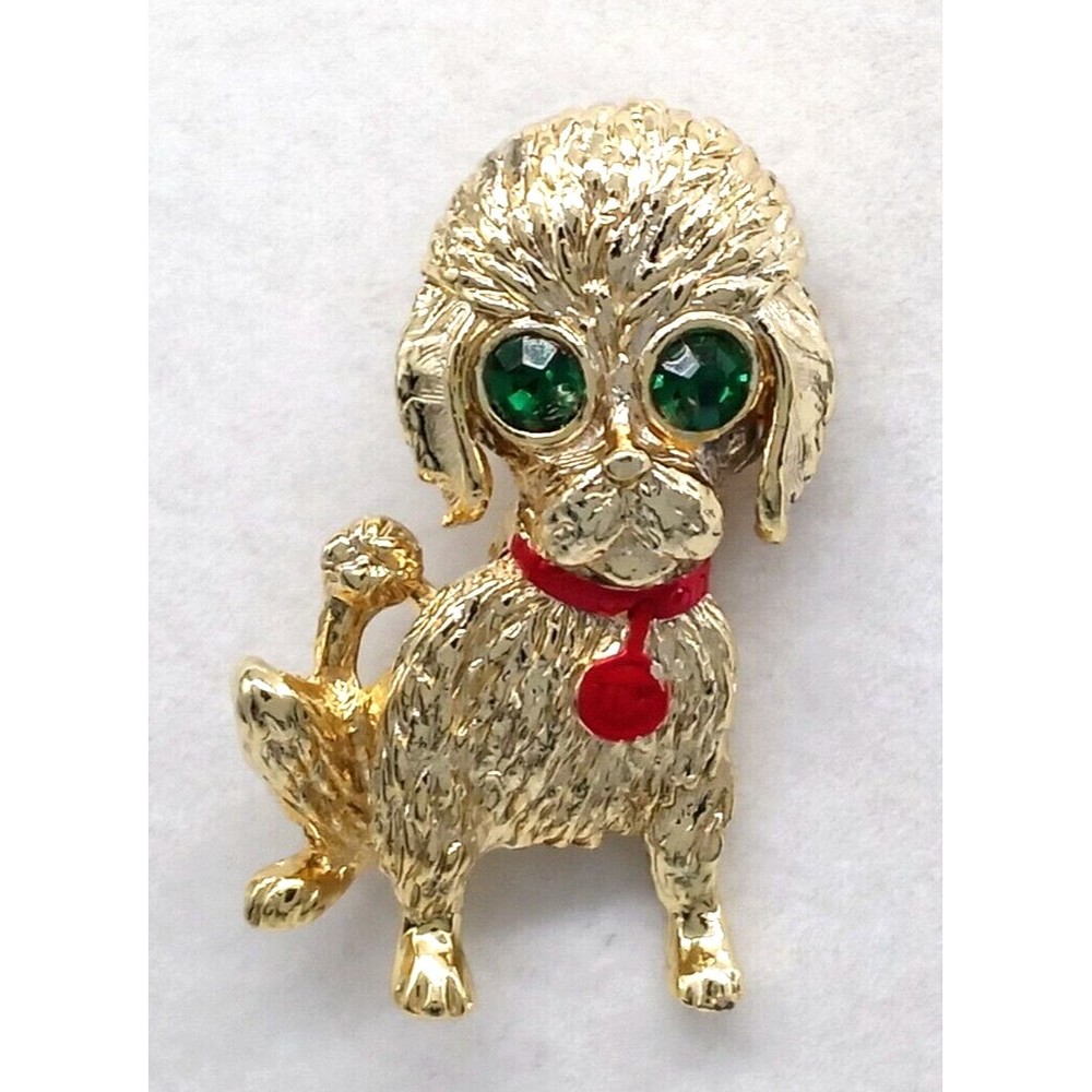 Vintage Gerry's Dog Puppy Brooch Pin Emerald Green Rhinestone Eyes Gold Tone